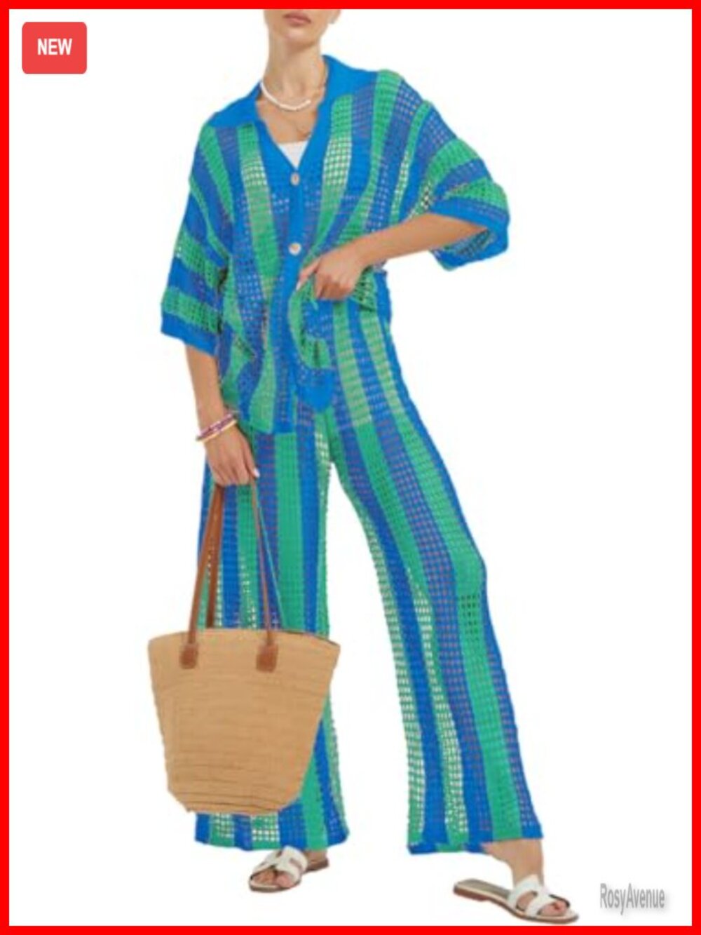 Women's Crochet Cover Up Set Button Down Top & Pants 2 Piece Vacation Outfit